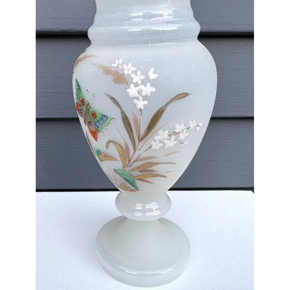 Antique Bristol opaline blown glass matched vases hand painted butterflies EVC